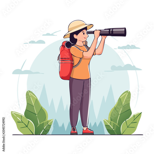 Woman with telescope exploring nature