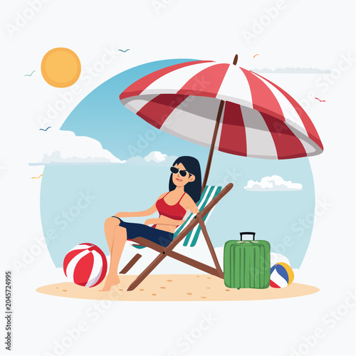 Woman relaxing on a beach chair under an umbrella