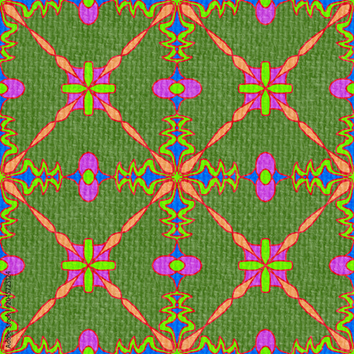 Konstfotografi Vibrant ethnic tribal seamless pattern on green fabric texture