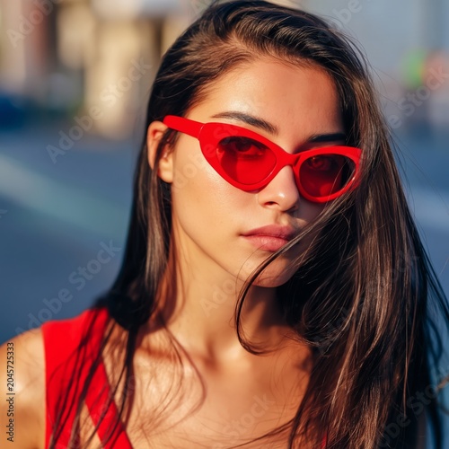 Young Woman Wears Red Sunglasses and a Red Top in a City During Sunny Weather
