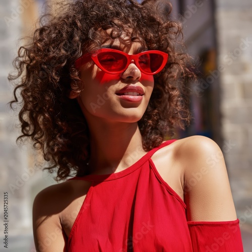Young Woman Wears Red Sunglasses and a Red Top in a City During Sunny Weather