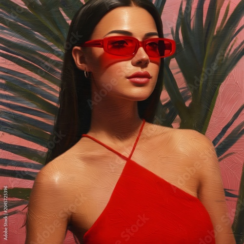 Woman With Red Sunglasses Poses in Front of Pink Background With Palm Leaves ...