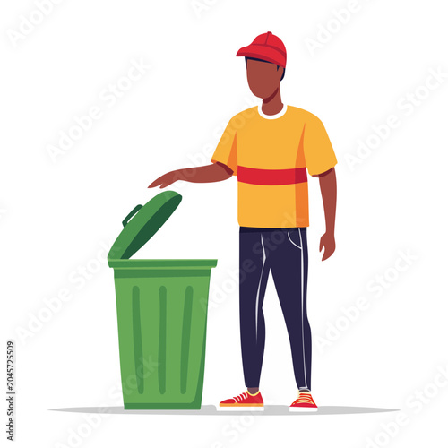Man throwing trash into a green bin, flat design illustration
