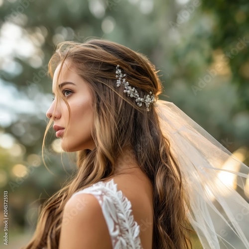 Bride Poses With a Veil and Hair Accessory in Garden During Golden Hour Light