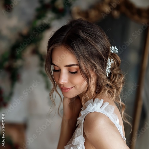 Bride Poses With a Veil and Hair Accessory in Garden During Golden Hour Light