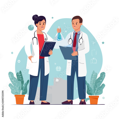 Two doctors in lab coats discussing medical information
