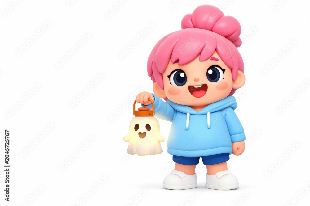 Obraz premium Cute cartoon character with pink hair holding a glowing ghost lantern for Halloween
