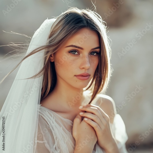 Woman in White Dress Stands Outdoors With Veil Against Natural Background Dur...