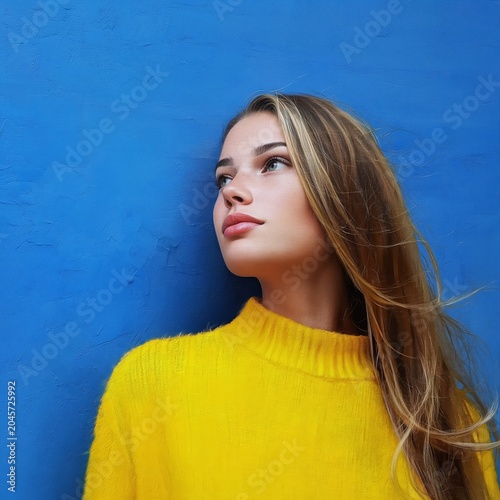 Young Woman in Yellow Sweater Poses Against Bright Blue Background