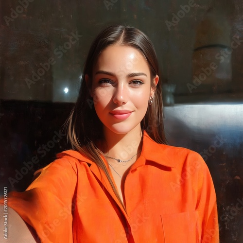 Bright Smile From a Woman in Orange Shirt in a Sunny Room With a Soft Background