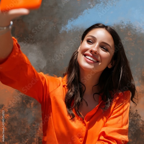 Bright Smile From a Woman in Orange Shirt in a Sunny Room With a Soft Background