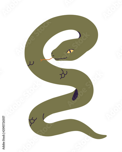 Snake threatening with tongue. Wild dangerous serpent coiled. Twisting curvin...