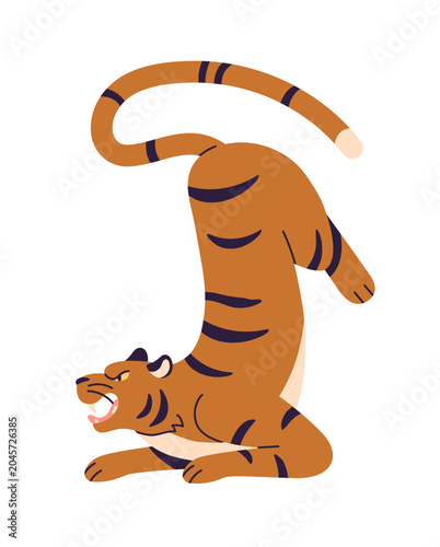 Tiger, wild cat, jungle animal roaring in upside-down pose. Angry fierce aggr...