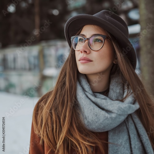 Young Woman Stands Outdoors in Winter Wearing Glasses, Hat, and Scarf in a Sn...