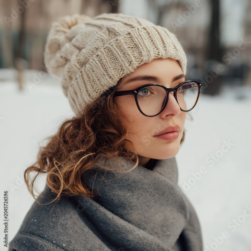 Woman Wearing a Knitted Hat and Glasses in a Snowy Outdoor Setting During Winter