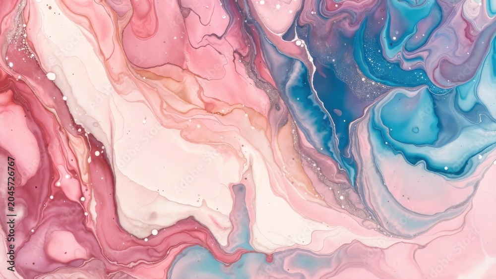Fototapeta premium Cream pink and blue fluid paint layers in marbled pattern