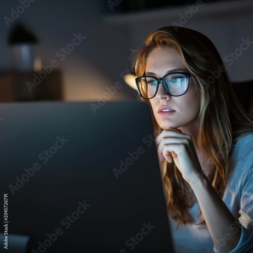 Young Woman Looks at Computer Screen While Working at Night in Dimly Lit Room...