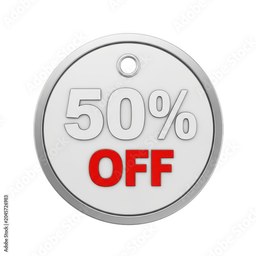 Round silver discount tag with 50 percent off text, metallic retail sale label for promotional marketing, circular price badge for shopping events isolated on a transparent background