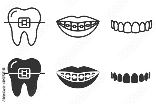 Orthodontic symbols collection: braces, teeth, smiles icons in black and white. Vector illustration.
