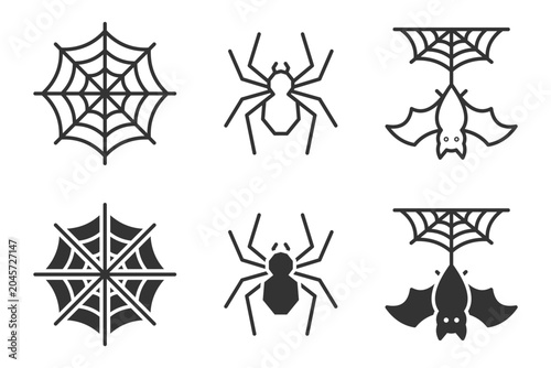 Spider and bat icons with webs on white background. Vector illustration.