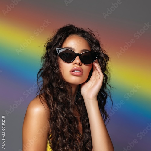 Stylish Woman Poses in Sunglasses With Colorful Background During a Photoshoo...