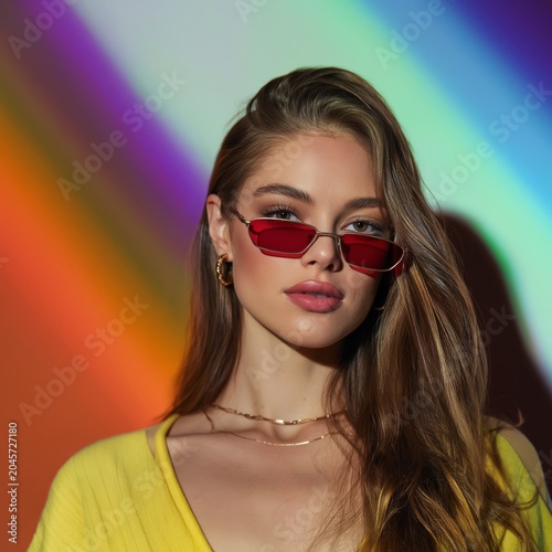 Stylish Woman Poses in Sunglasses With Colorful Background During a Photoshoo...