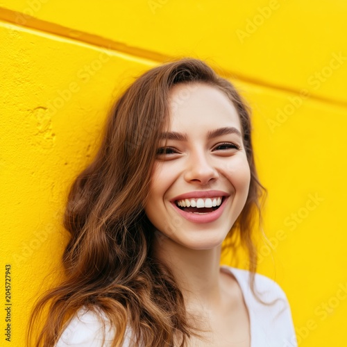 Woman Smiling in Front of a Bright Yellow Wall During a Sunny Day in the City