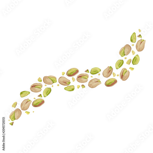 Pistachio collection featuring whole nuts, shells and crushed pieces.