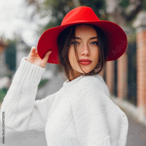 Woman Poses Outdoors in a Cozy Sweater and a Large Red Hat Under a Blue Sky