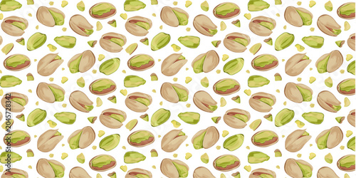 Seamless pattern pistachio featuring whole nuts, shells and crushed pieces.