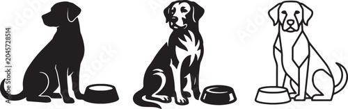 Three artistic representations of a Labrador Retriever dog with a food bowl: silhouette, detailed, and geometric.
