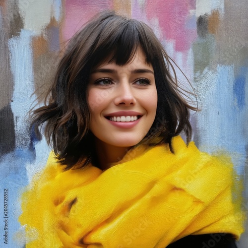 Smiling Woman With Yellow Scarf Poses Against Colorful Background