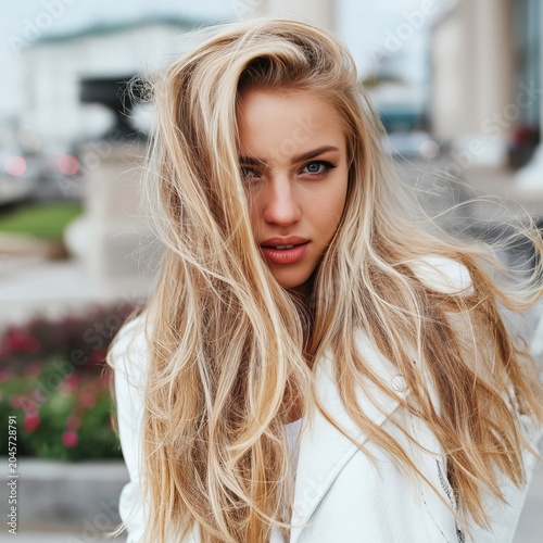 Young Woman With Long Hair Stands Outdoors Near Plants in Bright Light in Cas...