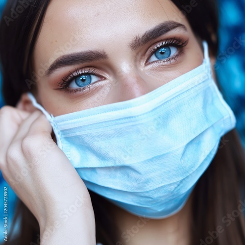 Young Woman Wearing a Blue Mask With Bright Eyes in Urban Setting During Daytime