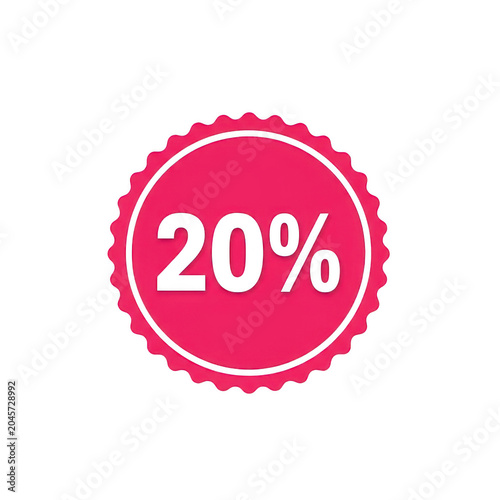 Bright pink circular discount sticker featuring a scalloped edge and bold black text indicating a twenty percent off sale for retail marketing isolated on a transparent background