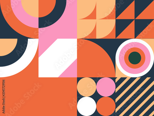 Abstract geometric seamless pattern in Bauhaus and Swiss style. Colorful background with circles, triangles, and pink shapes.