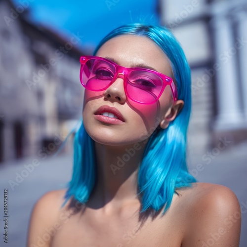 Model With Blue Hair Wearing Pink Sunglasses Poses Near Cracked Wall in Urban...