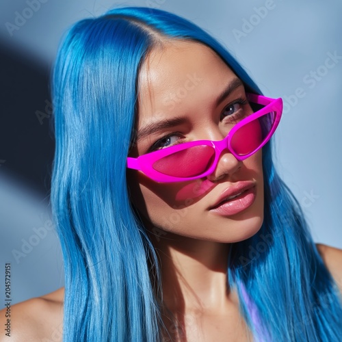 Woman With Blue Hair Wearing Pink Sunglasses Poses Against a Blue Background ...