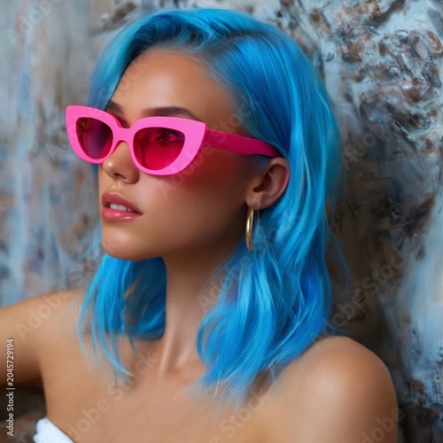 Woman With Blue Hair Wearing Pink Sunglasses Poses Against a Blue Background ...