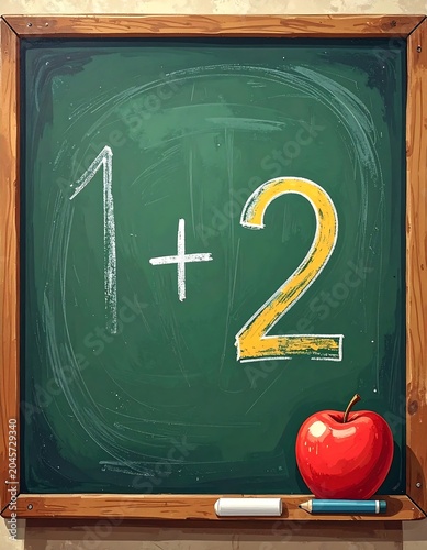 A vibrant chalkboard displays a simple math equation 1 + 2, next to a red apple, chalk, and a pencil. Wooden frame
