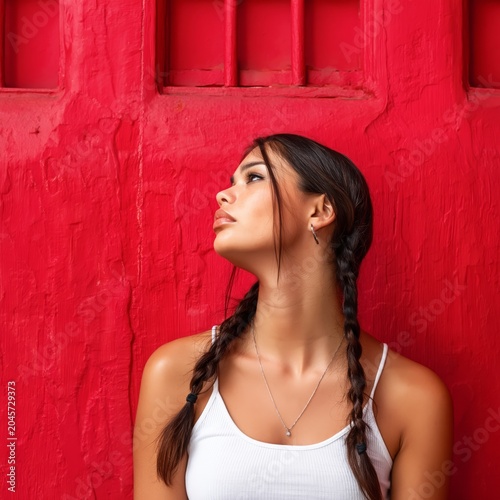 Young Woman Poses Against a Red Wall With a Thoughtful Expression in a Vibran...