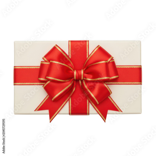 White gift box wrapped with a vibrant red satin ribbon and a large decorative bow featuring thin gold trim edges for festive occasions isolated on a transparent background