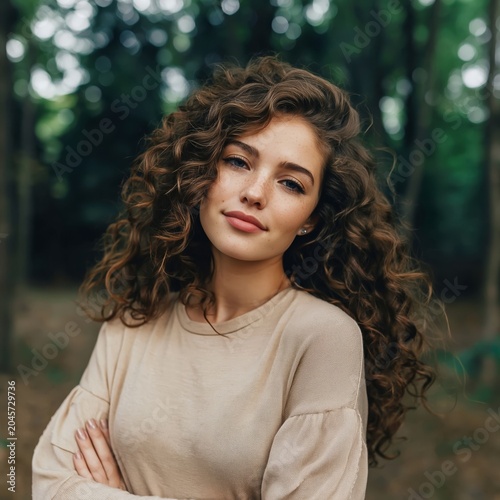 Woman With Curly Hair Standing in a Field During Daytime in a Casual White Shirt