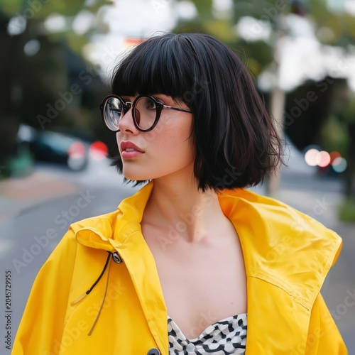 Young Woman Wearing Yellow Coat and Glasses on City Street in the Evening Light