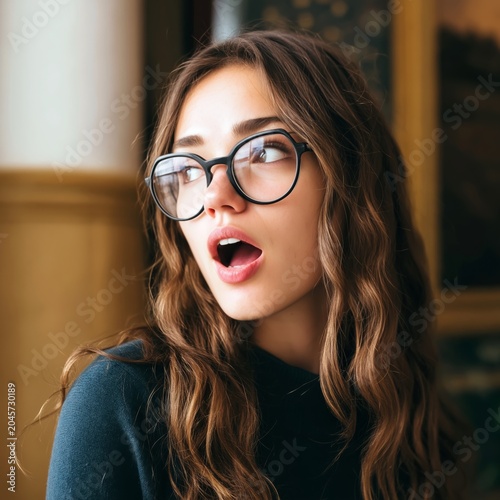 Young Woman With Long Hair and Glasses Reacting in a Bright Indoor Setting Du...