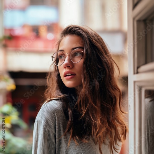 Young Woman With Long Hair and Glasses Reacting in a Bright Indoor Setting Du...