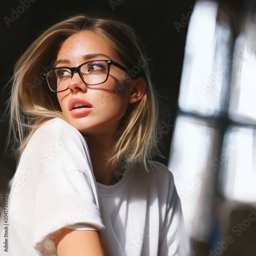 Young Woman With Glasses Shows Surprise in a Colorful Setting During the Day