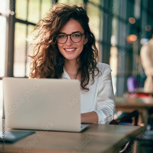 Woman Using Laptop and Smiling in a Bright Indoor Workspace During the Day