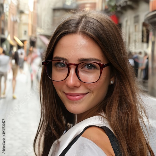 Young Woman Smiles While Walking in a Busy Street During the Day