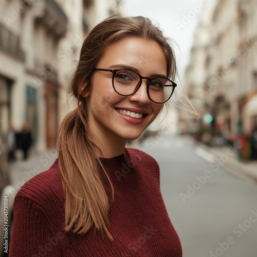 Young Woman Smiles While Walking in a Busy Street During the Day